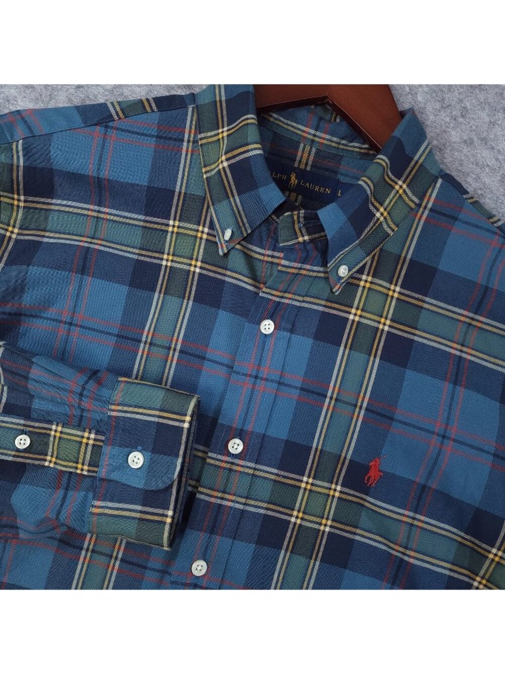 Polo Ralph Lauren Mens Plaid Oxford Shirt Large Blue Green Tartan Red Pony Fall